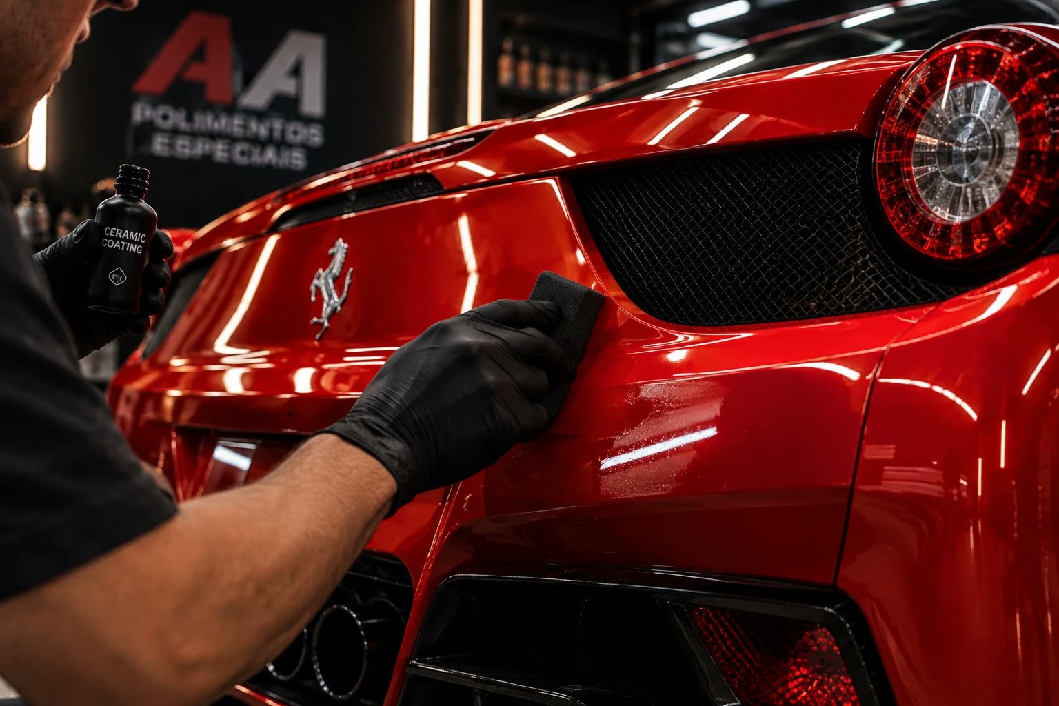Aplicação de revestimento cerâmico na traseira de uma Ferrari vermelha na A.A